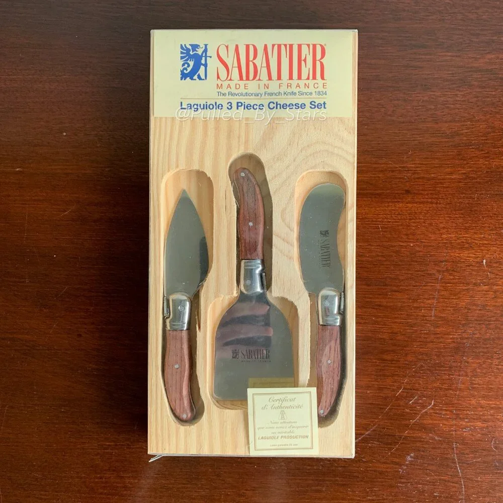 New Vintage Deadstock SABATIER Laguiole 3 Piece Rosewood Cheese Set in Wood Tray - Picture 14 of 16